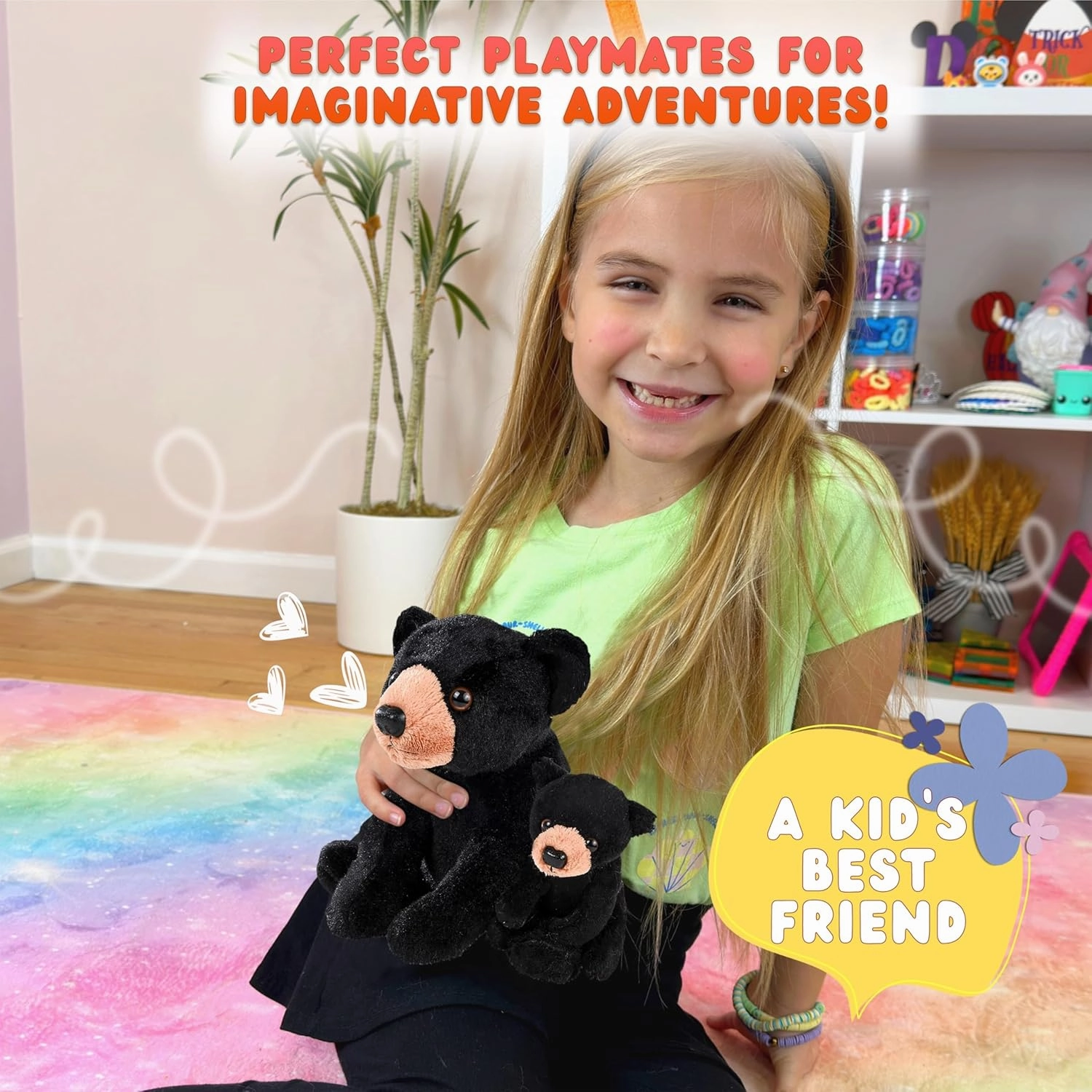 Mom and Baby Mini Black Bear Stuffed Animals for Boys and Girls, Safari Baby Shower Decorations, Nursery Decor, Zoo Animals for Toddlers, Realistic Toys, Soft, Huggable and Squeezable