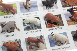 Montessori Animal Match - Miniature North American Wildlife Animal Toy Figurines with Matching Cards - 2 Part Cards. Montessori Learning Toy, Language Materials Busy Bag Activity