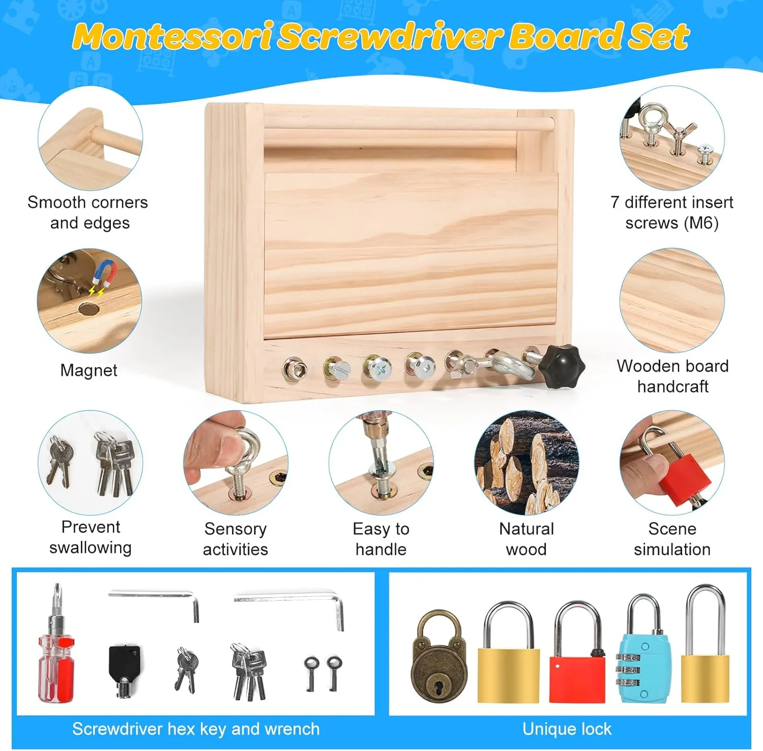 Montessori Screwdriver Board Set-Lock and Key Toy,Kids Tool Set,Montessori Busy Board Toys for 3 4 5 Year Old,Preschool Learning Sensory - Fine Motor Skills - STEM Toys