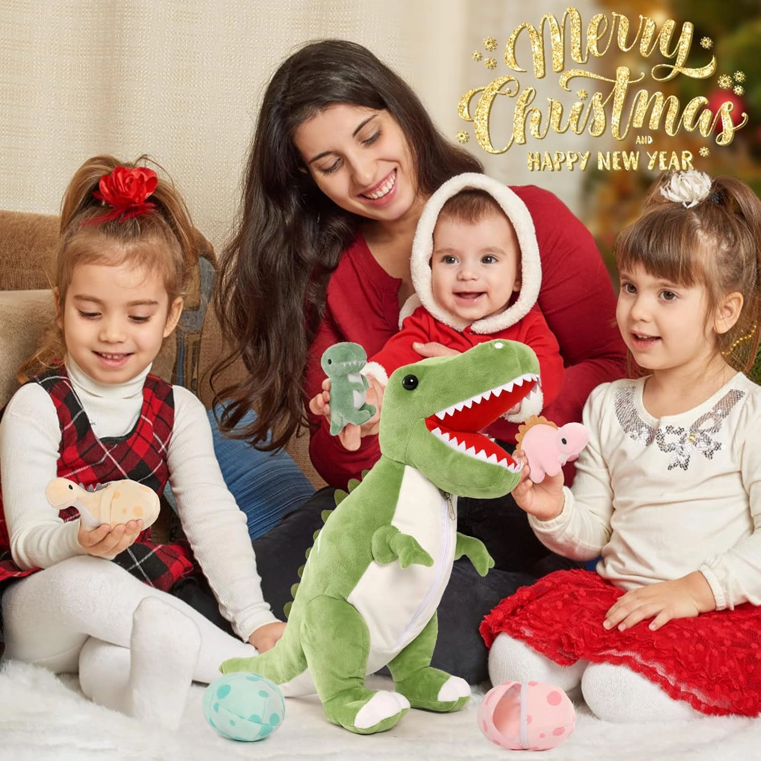 MorisMos Dinosaur Stuffed Animal with Babies,23.6'' Big T-Rex Mommy Stuffed Dinosaur with 3 Baby Dino Plush Toys, 3 Eggs,Boy Girl Dino Toys for Kid Birthday Christmas,Green T-rex