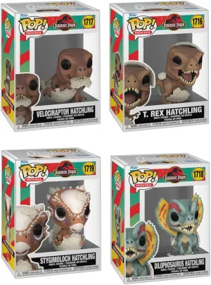 Movies: Jurassic Park Hatchling Collector Set of 4 (Velociraptor, T. Rex, Stygimoloch, Dilophosaurus), Bundle with BoxedVinyl Soft Protector Cases, Compatible with Funko Pop