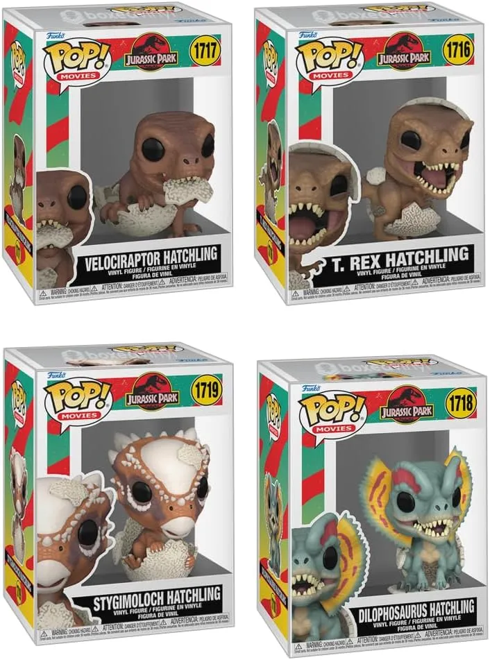 Movies: Jurassic Park Hatchling Collector Set of 4 (Velociraptor, T. Rex, Stygimoloch, Dilophosaurus), Bundle with BoxedVinyl Soft Protector Cases, Compatible with Funko Pop