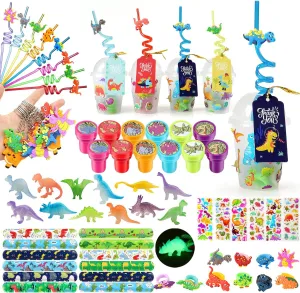 MOVINPE Dinosaur Party Favors Personalize Goody Cups with Gift Tags, Filled with Dinosaur Themed Reusable Straws Stampers Luminous Dinos Figure Slap Bracelets Keychains Rings 3D Stickers for Kids