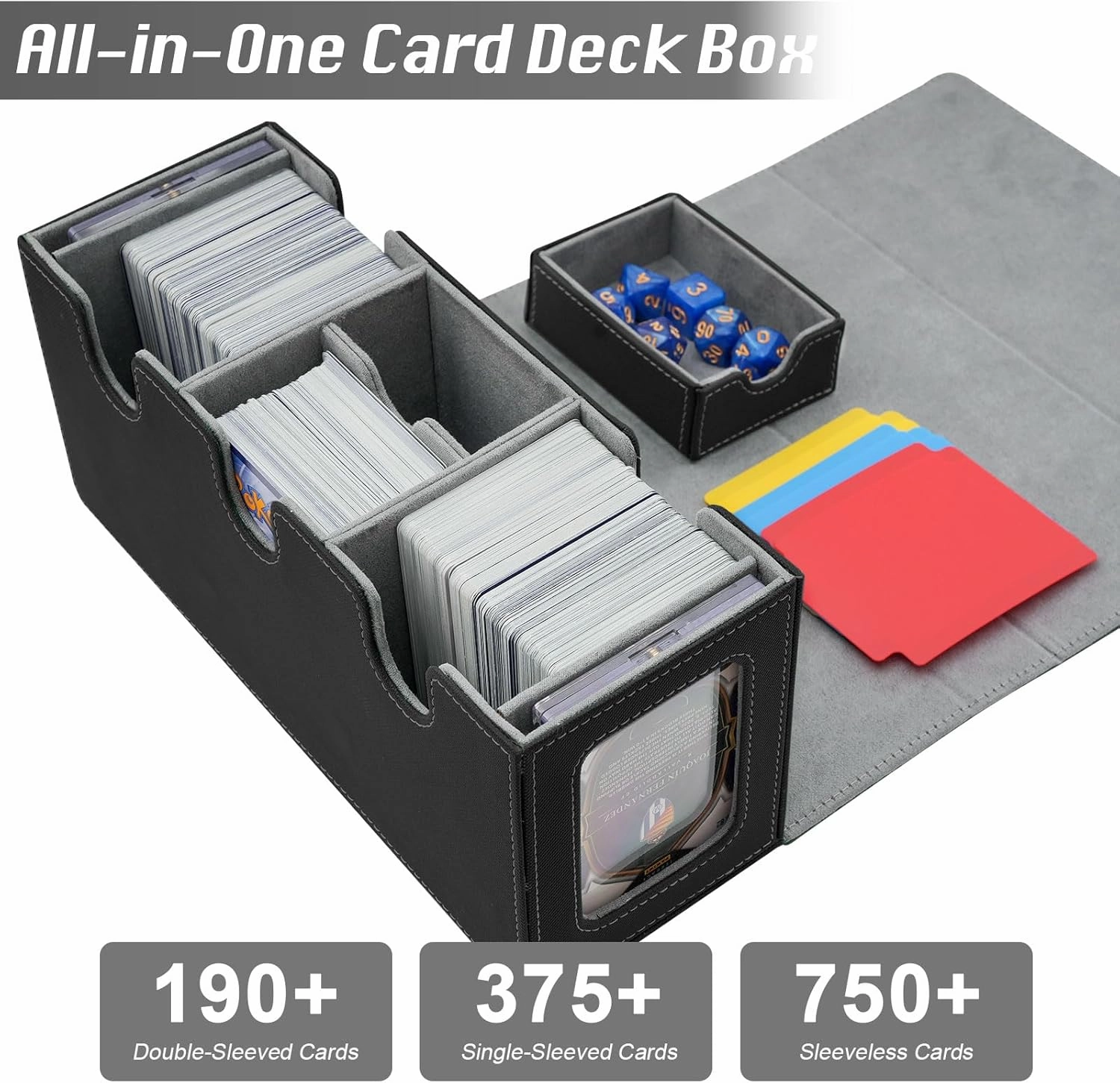 MTG Deck Box with 2 Commander Display, 4-in-1 Card Deck Case, Strong Magnet Card Organizer for Magic Commander TCG CCG, 6 Dividers & 50  Film & Dice Tray (Grey)
