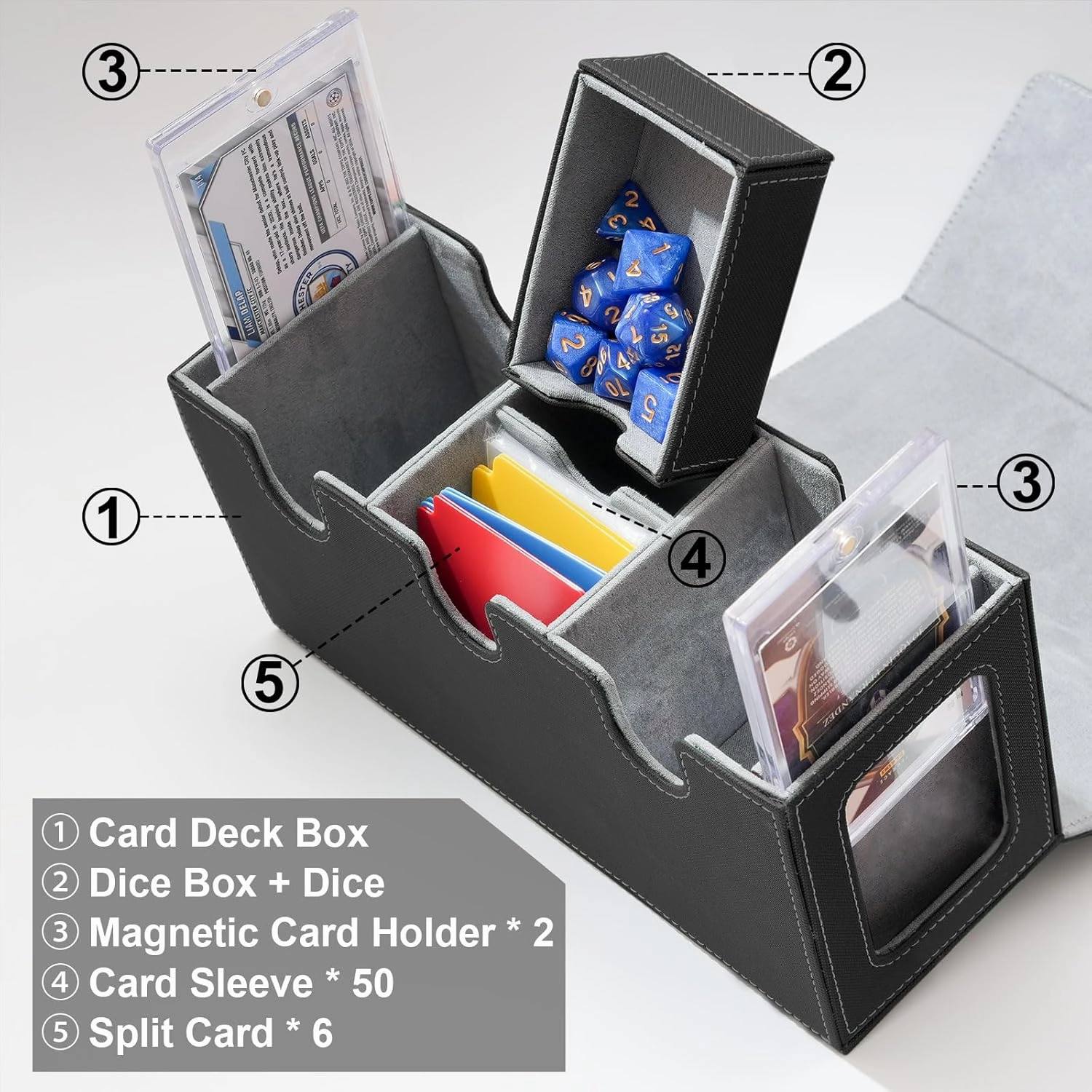 MTG Deck Box with 2 Commander Display, 4-in-1 Card Deck Case, Strong Magnet Card Organizer for Magic Commander TCG CCG, 6 Dividers & 50  Film & Dice Tray (Grey)