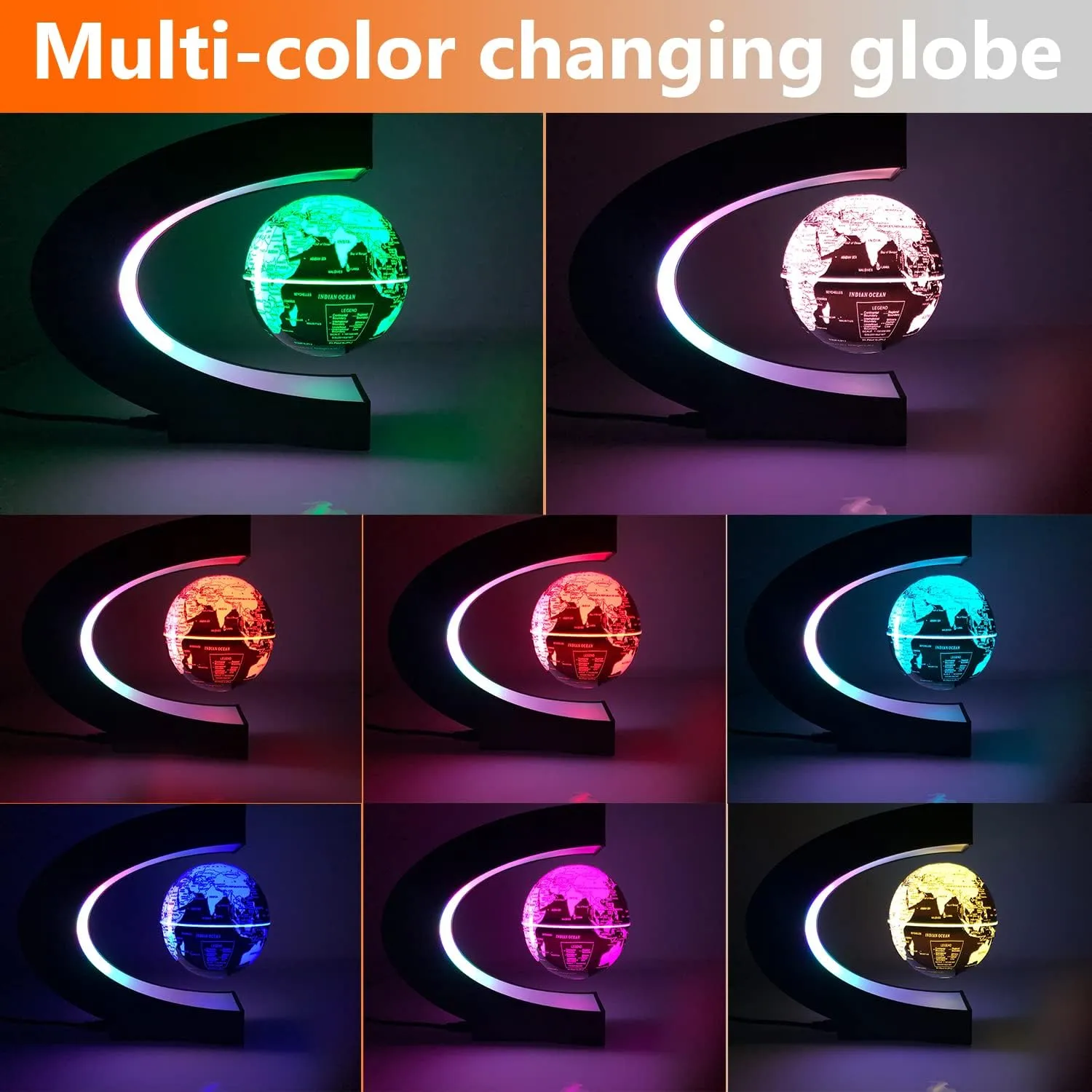 Multicolor Changing Magnetic Levitation Floating Globe, LED Lights, Cool Gadgets, World Map, Black Plastic Globe
