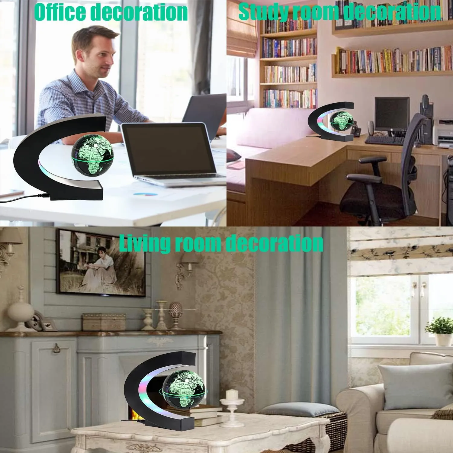 Multicolor Changing Magnetic Levitation Floating Globe, LED Lights, Cool Gadgets, World Map, Black Plastic Globe