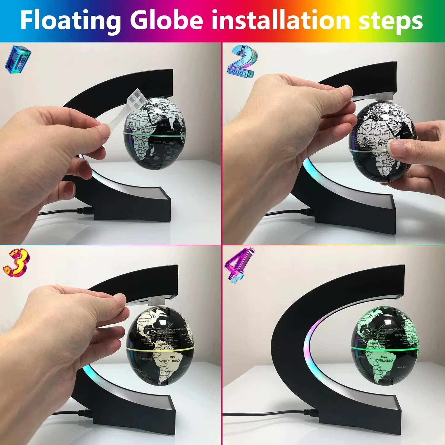 Multicolor Changing Magnetic Levitation Floating Globe, LED Lights, Cool Gadgets, World Map, Black Plastic Globe