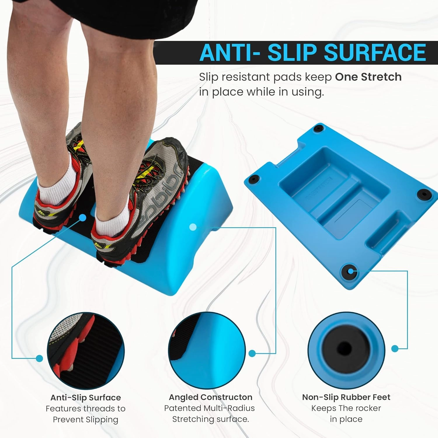 Multitask hands free while you stretch your calves for plantar fasciitis, foot pain, Achilles tendinitis, and more. Made in the USA. (Blue)