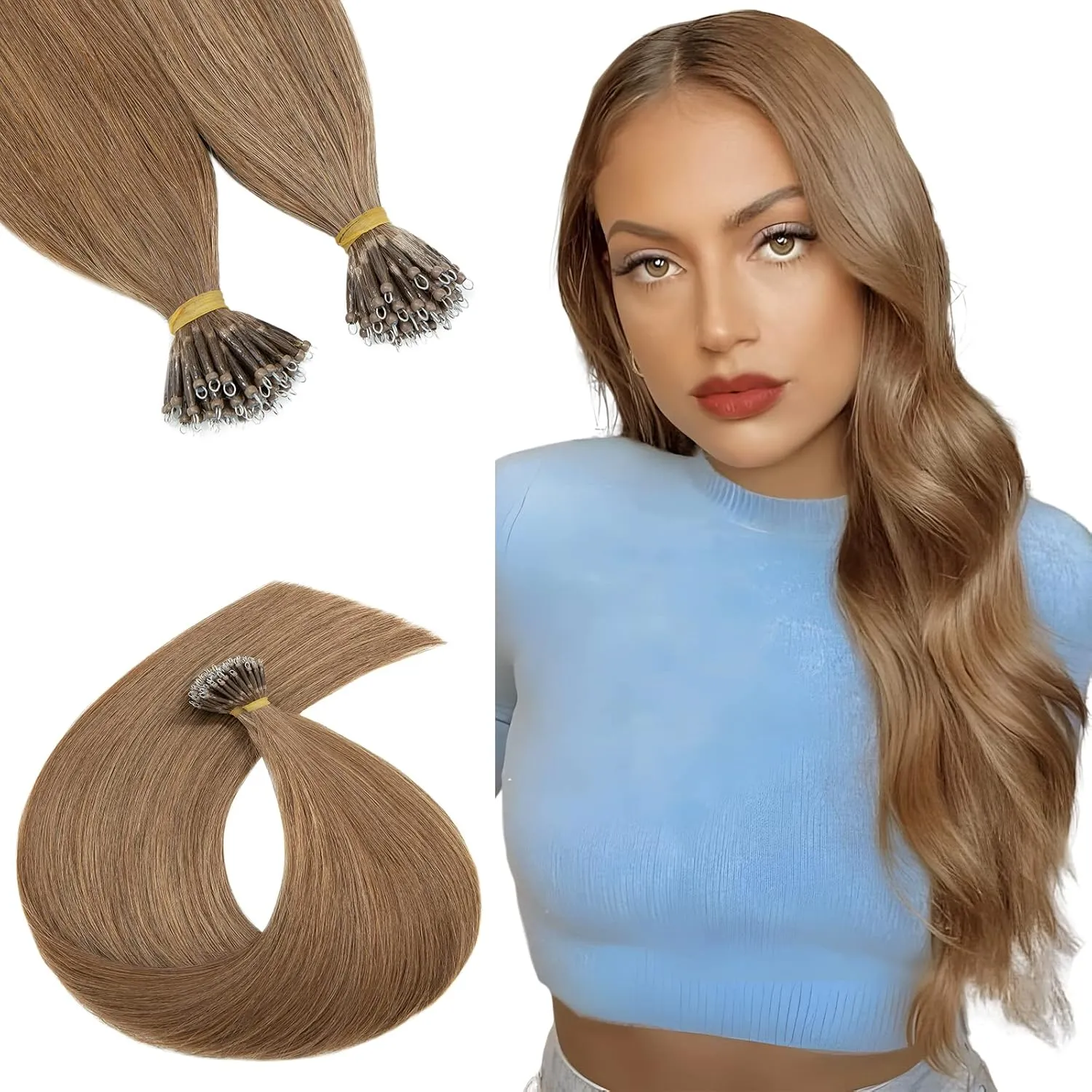 Nano Ring Hair Extensions, 100% Remy Human Hair, Nano Tip Extensions, No Tangle & Smooth,50 Strands 50g, 16 Inch #Light Brown