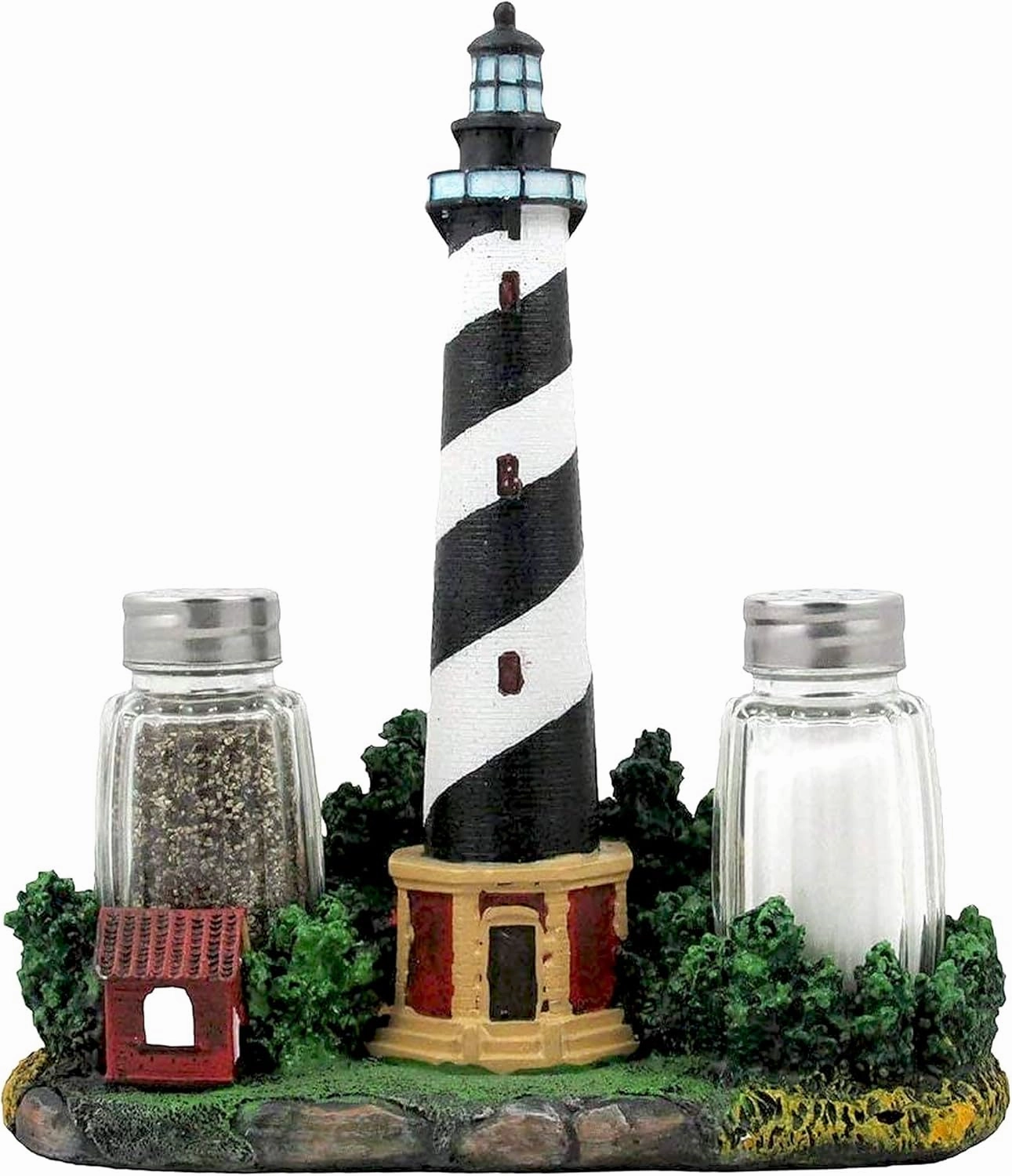 Nautical Cape Hatteras Lighthouse Glass Salt and Pepper Shaker Set Figurine with Holder in Decorative Kitchen Decor Sculptures and Collectible Coastal Gifts