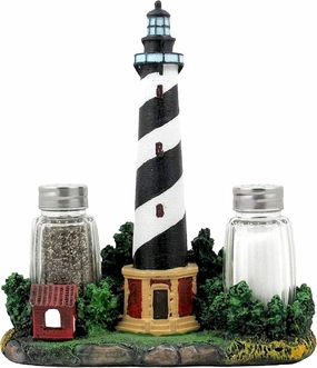 Nautical Cape Hatteras Lighthouse Glass Salt and Pepper Shaker Set Figurine with Holder in Decorative Kitchen Decor Sculptures and Collectible Coastal Gifts