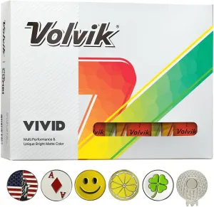 New Volvik Vivid Multi-Performance and 3-Piece Construction Unique Bright Matte Color Finish Golf Ball. 1 Dozen (Orange) with 5 Ball Marker and 1 Magnet Hat Clip