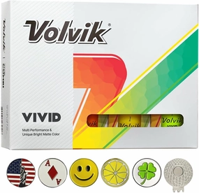 New Volvik Vivid Multi-Performance and 3-Piece Construction Unique Bright Matte Color Finish Golf Ball. 1 Dozen (Assorted) with 5 Ball Marker and 1 Magnet Hat Clip