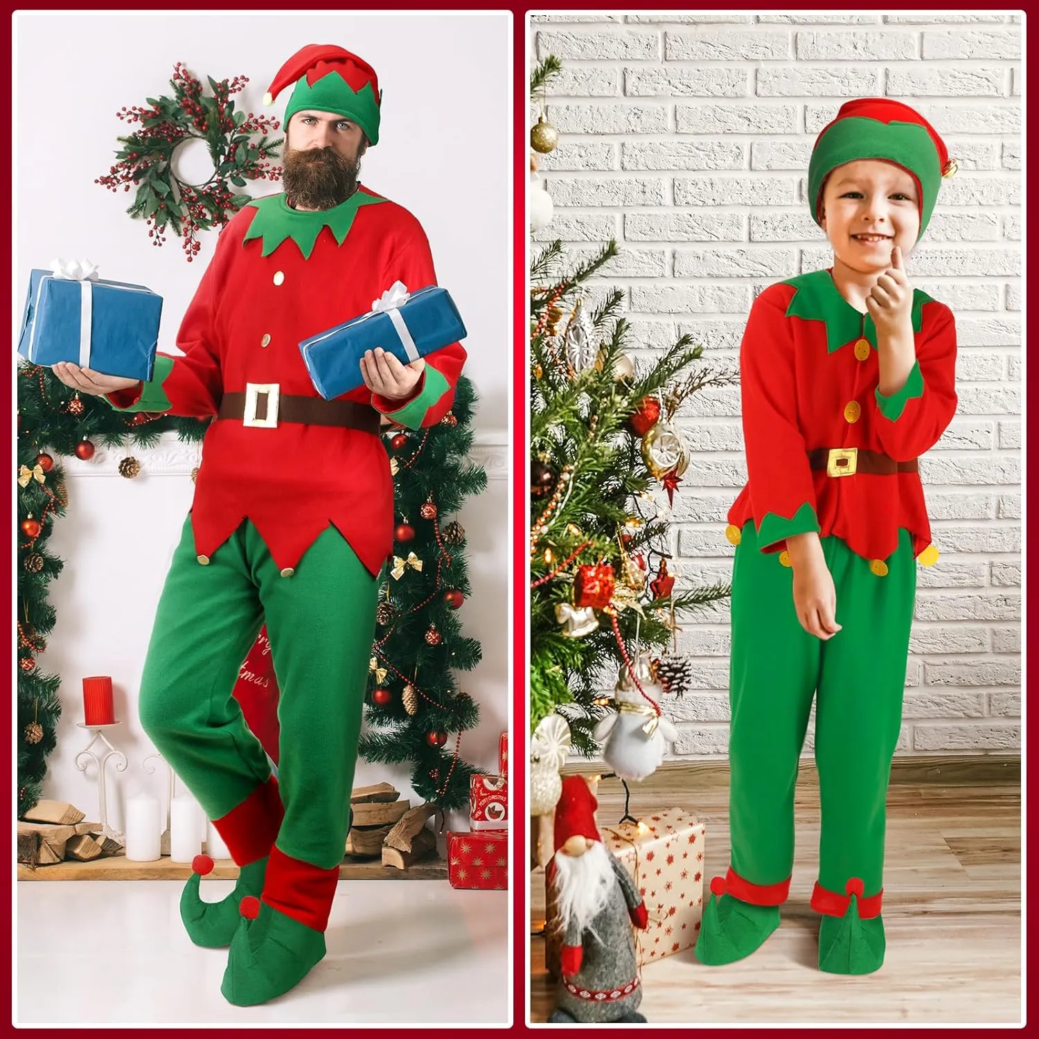Newcotte Christmas Elf Costume Set Kids Adult Elf Costume Suit Santa Hat Dress Stocking Shoe Belt Xmas
