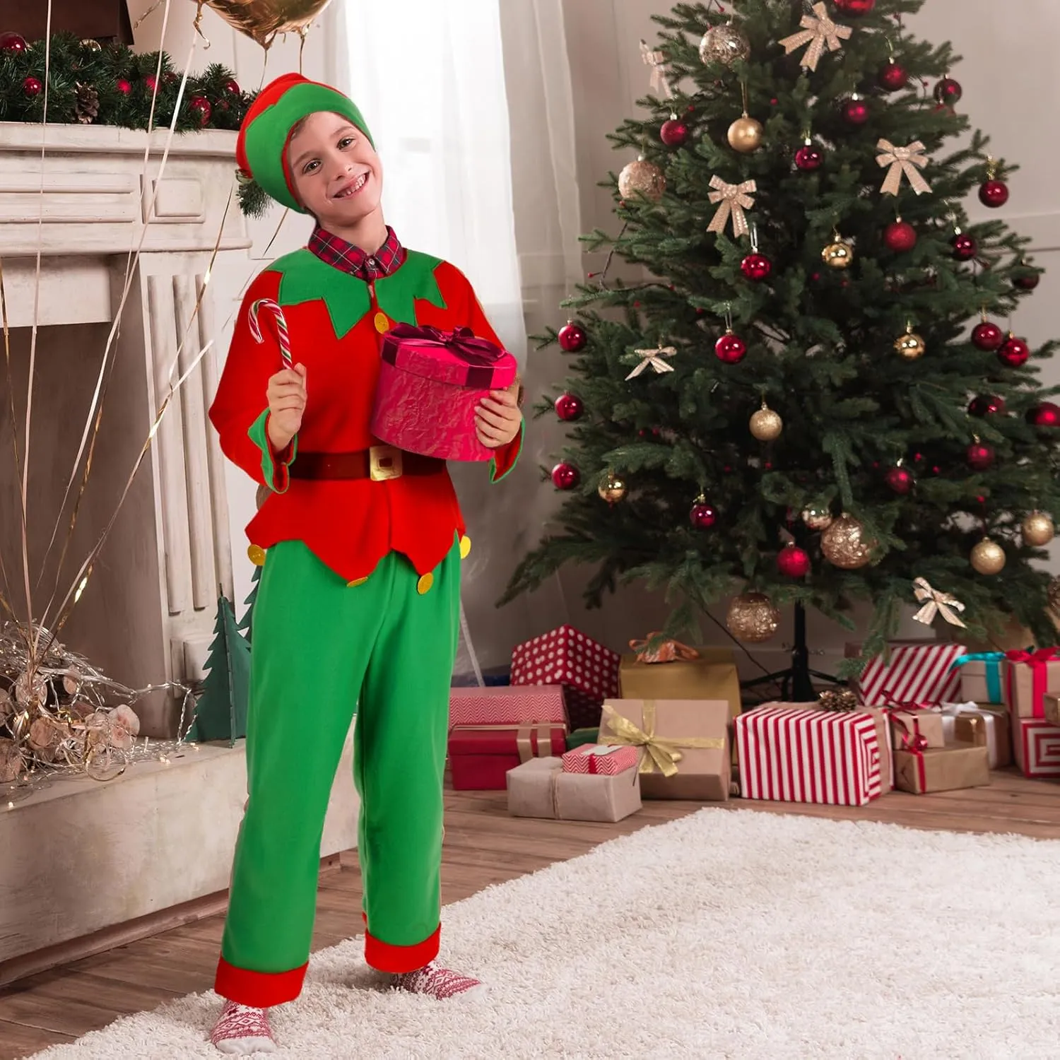 Newcotte Christmas Elf Costume Set Kids Adult Elf Costume Suit Santa Hat Dress Stocking Shoe Belt Xmas