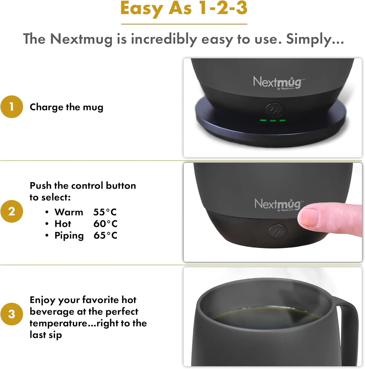 Nextmug - Temperature-Controlled, Self-Heating Coffee Mug (14 oz.) (Graphite)