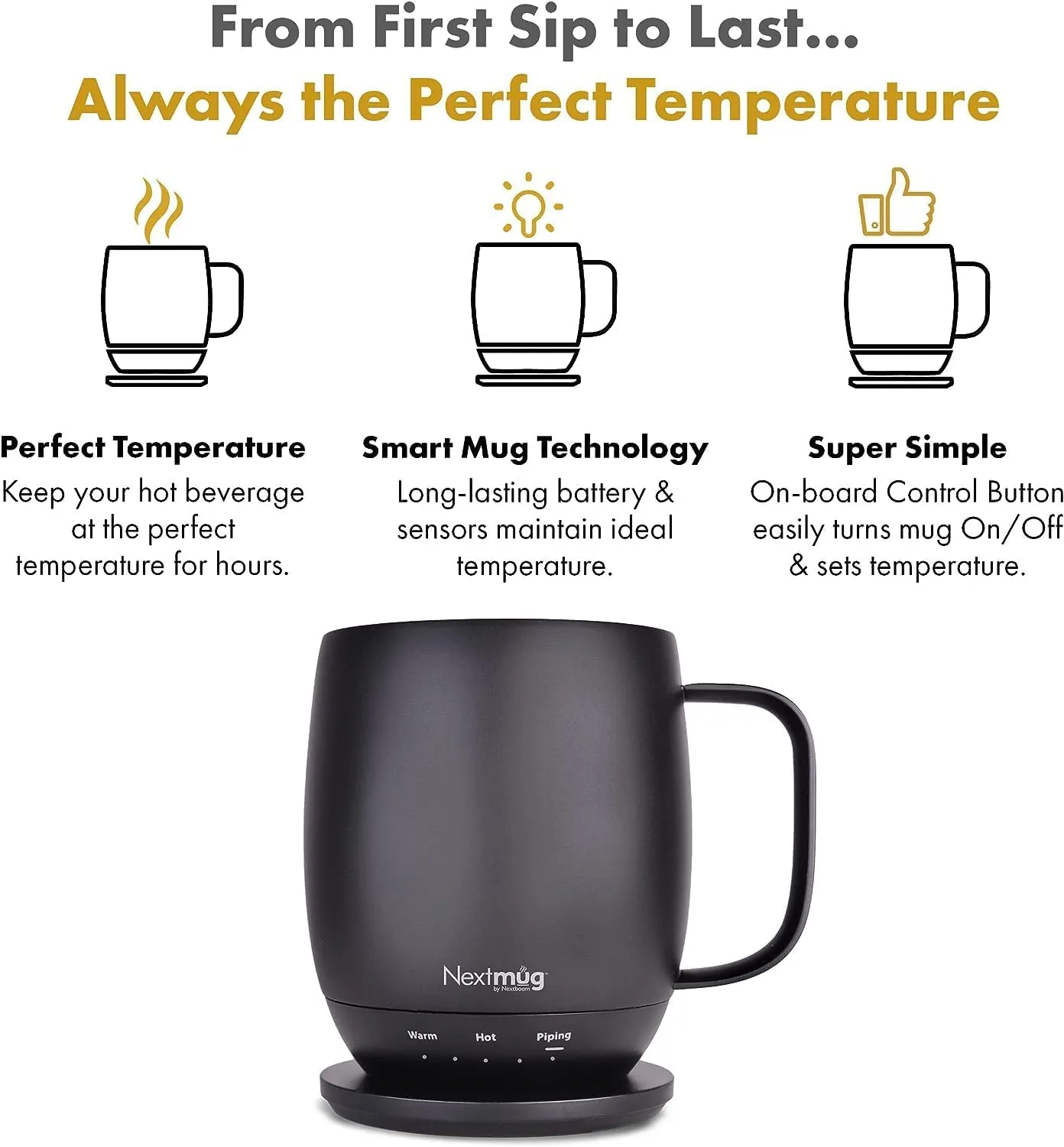 Nextmug - Temperature-Controlled, Self-Heating Coffee Mug (14 oz.) (Graphite)