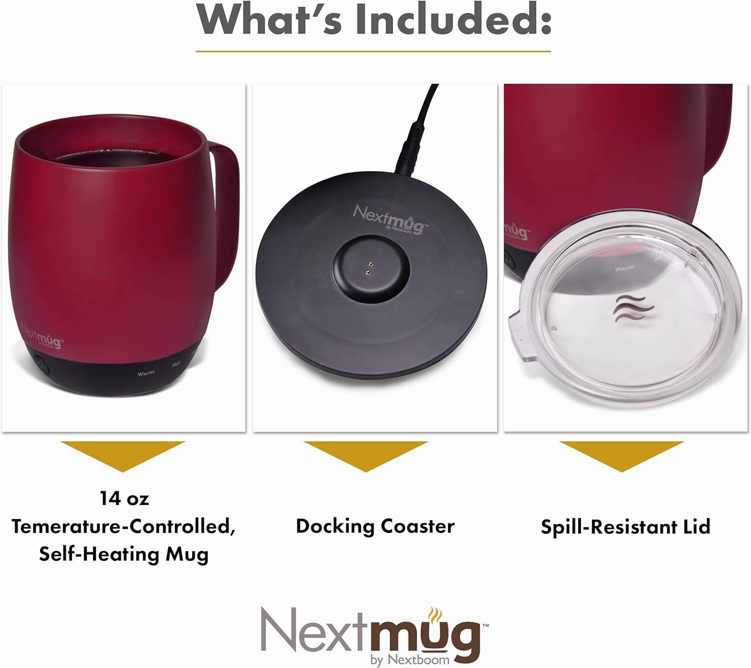 Nextmug - Temperature-Controlled, Self-Heating Coffee Mug (14 oz.) (Burgundy)