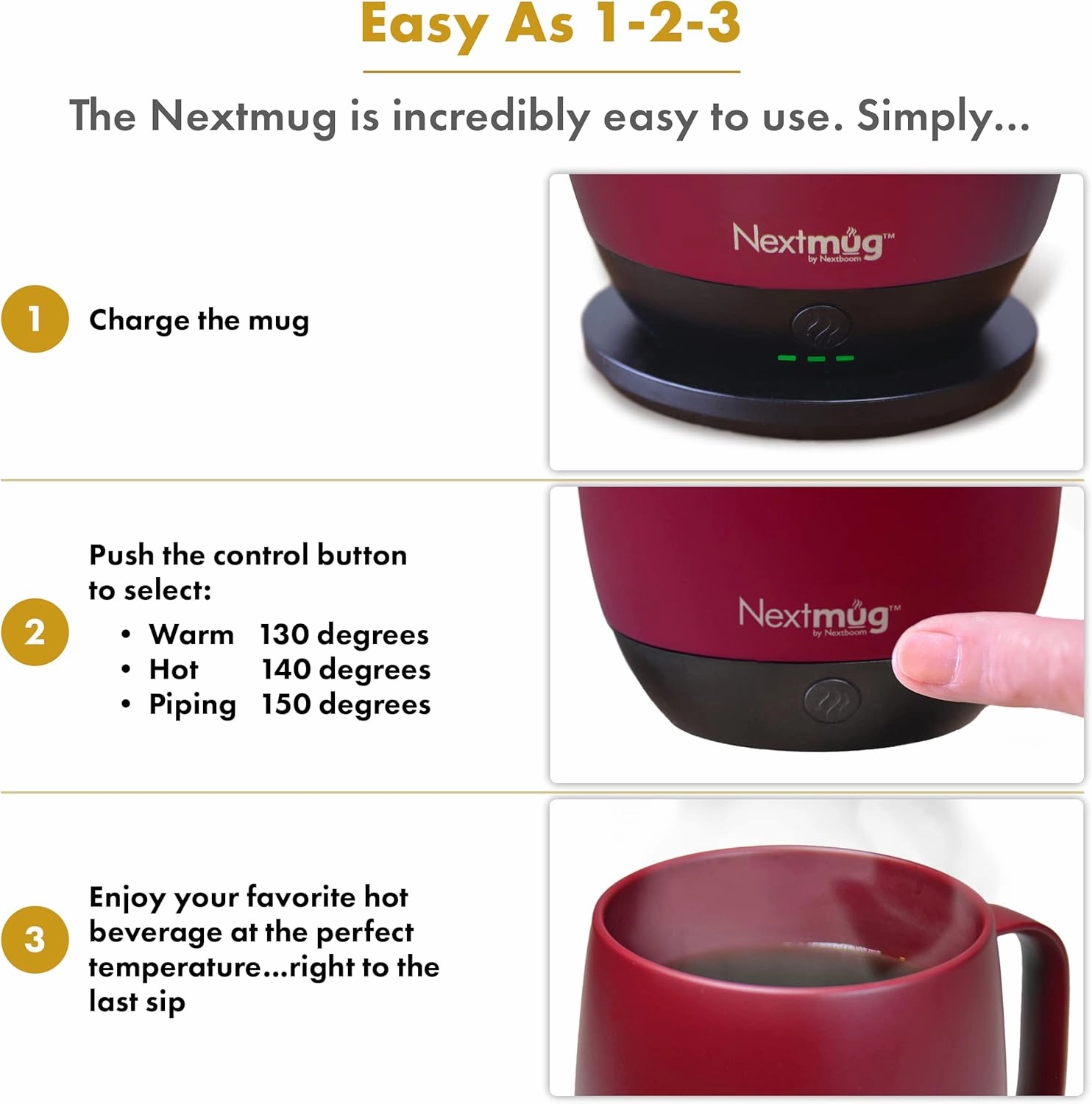 Nextmug - Temperature-Controlled, Self-Heating Coffee Mug (14 oz.) (Burgundy)