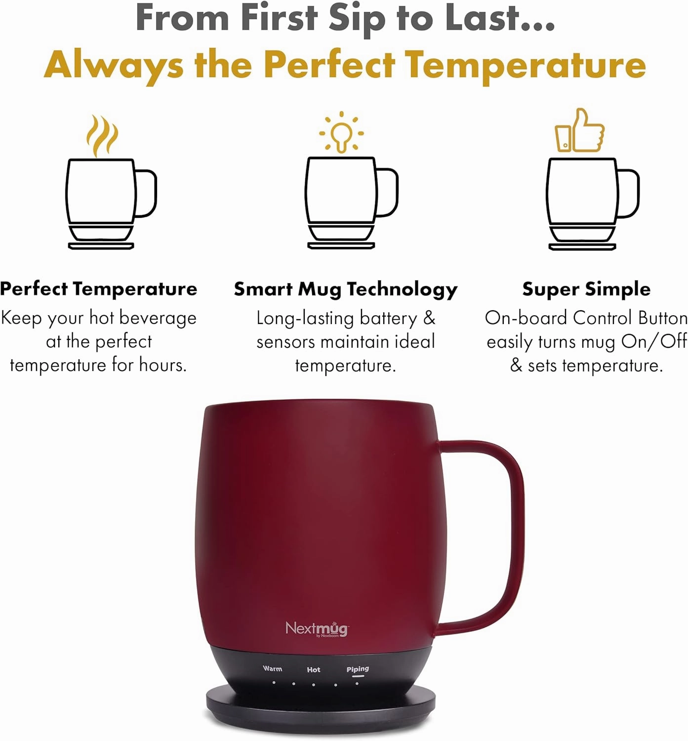 Nextmug - Temperature-Controlled, Self-Heating Coffee Mug (14 oz.) (Burgundy)