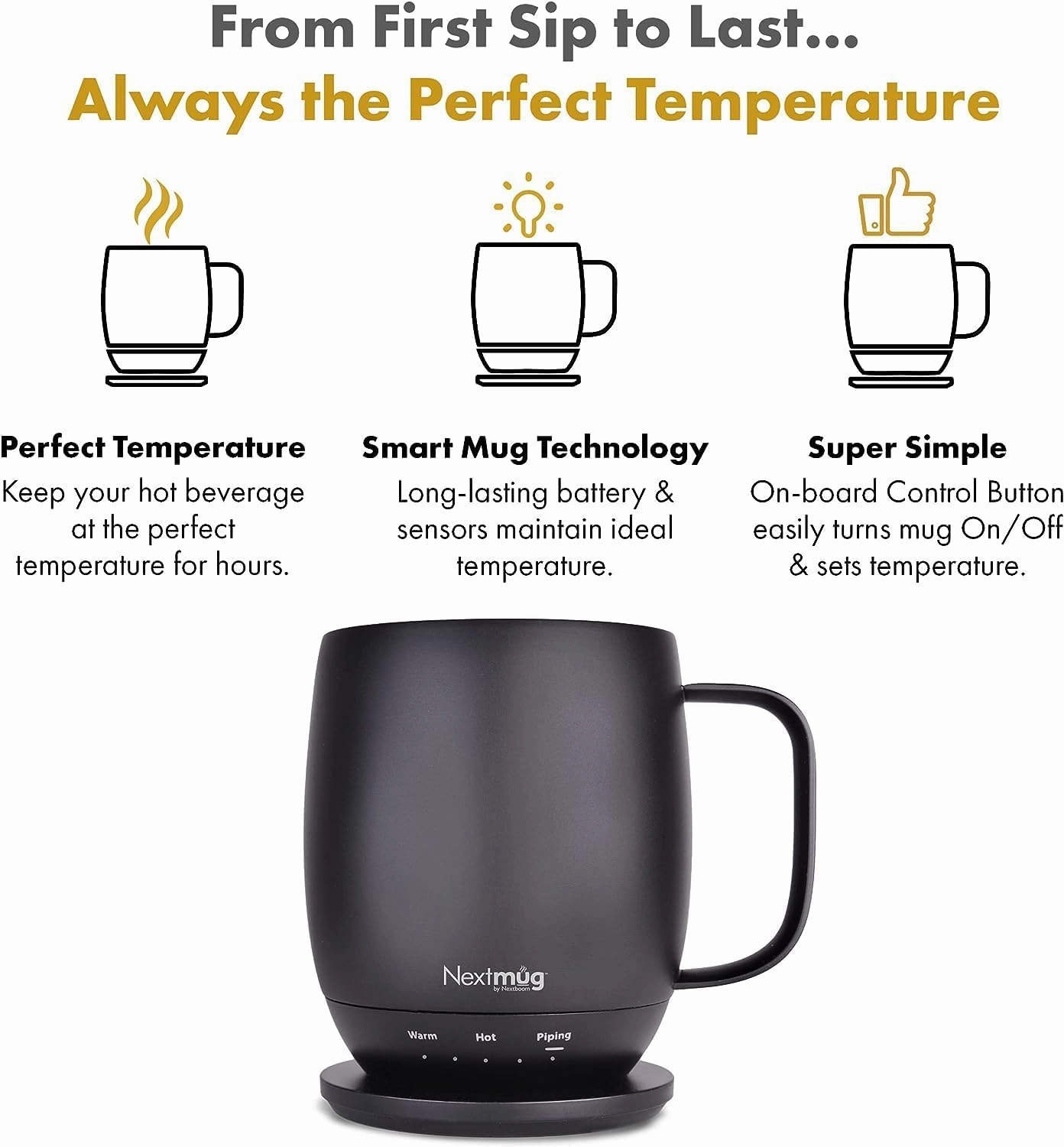 Nextmug - Temperature-Controlled, Self-Heating Coffee Mug (14 oz.) (Graphite)