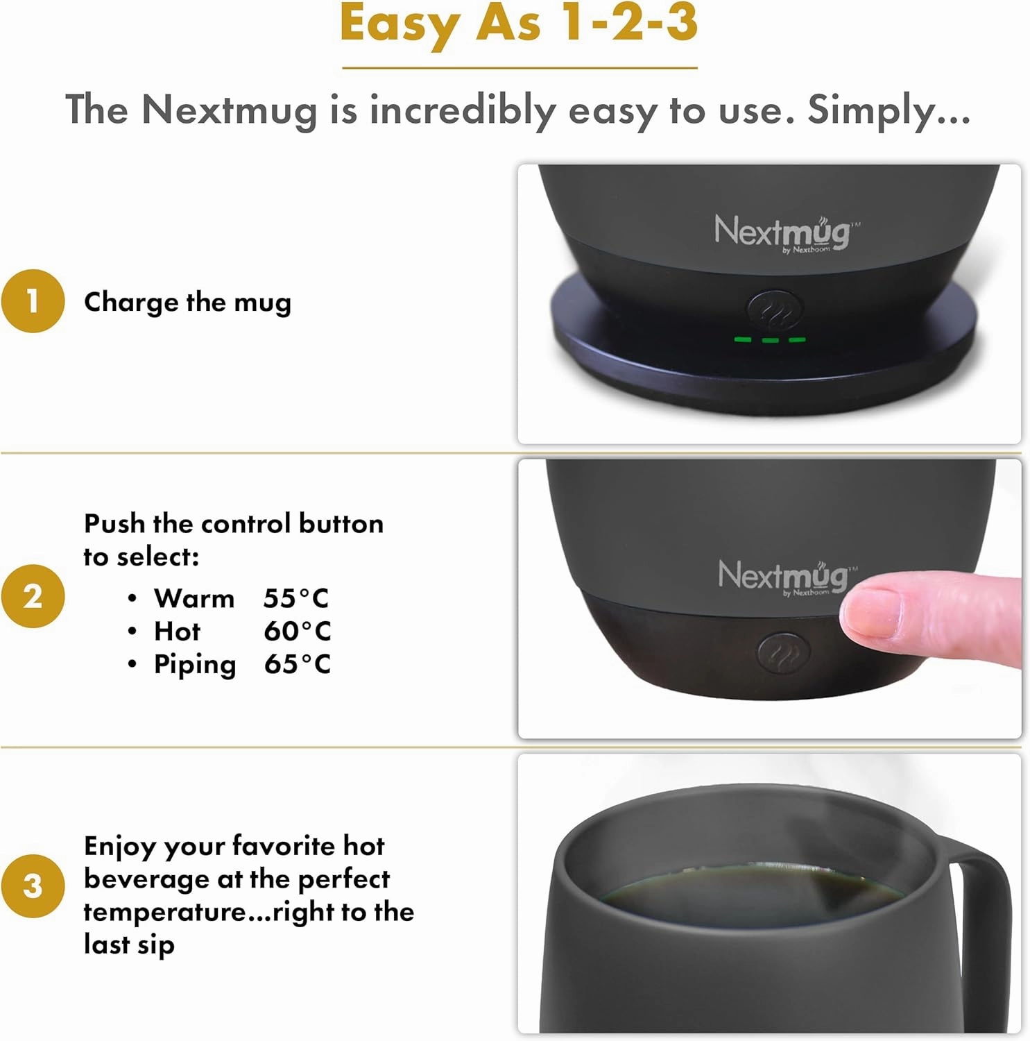 Nextmug - Temperature-Controlled, Self-Heating Coffee Mug (14 oz.) (Graphite)