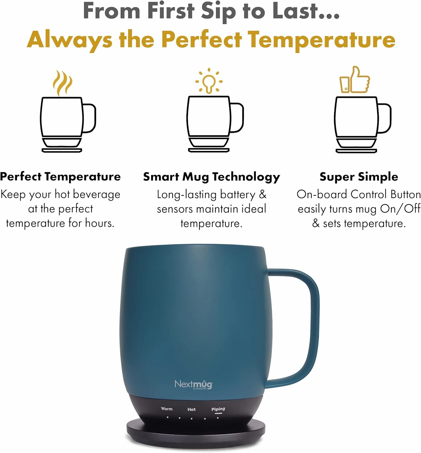 Nextmug - Temperature-Controlled, Self-Heating Coffee Mug (14 oz.) (Slate Blue)