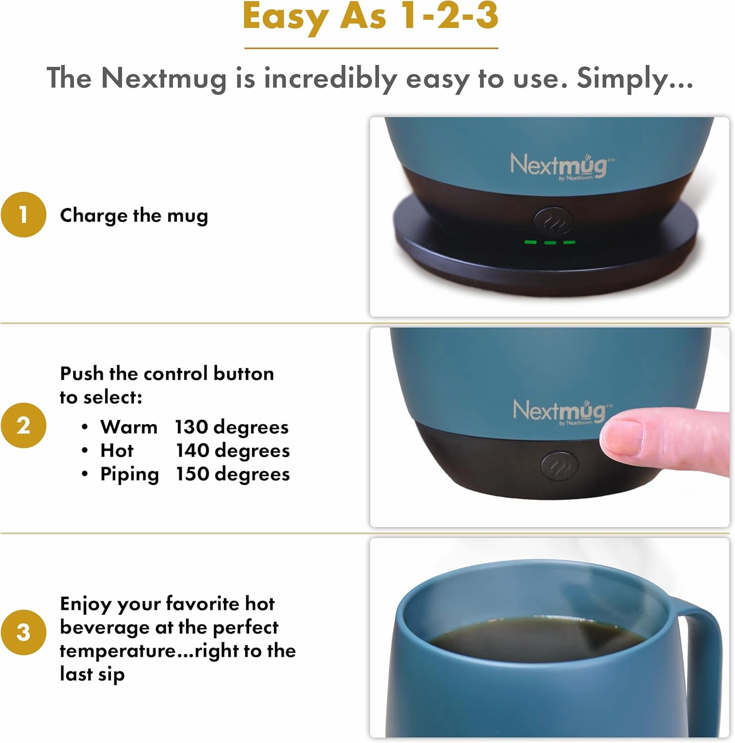 Nextmug - Temperature-Controlled, Self-Heating Coffee Mug (14 oz.) (Slate Blue)