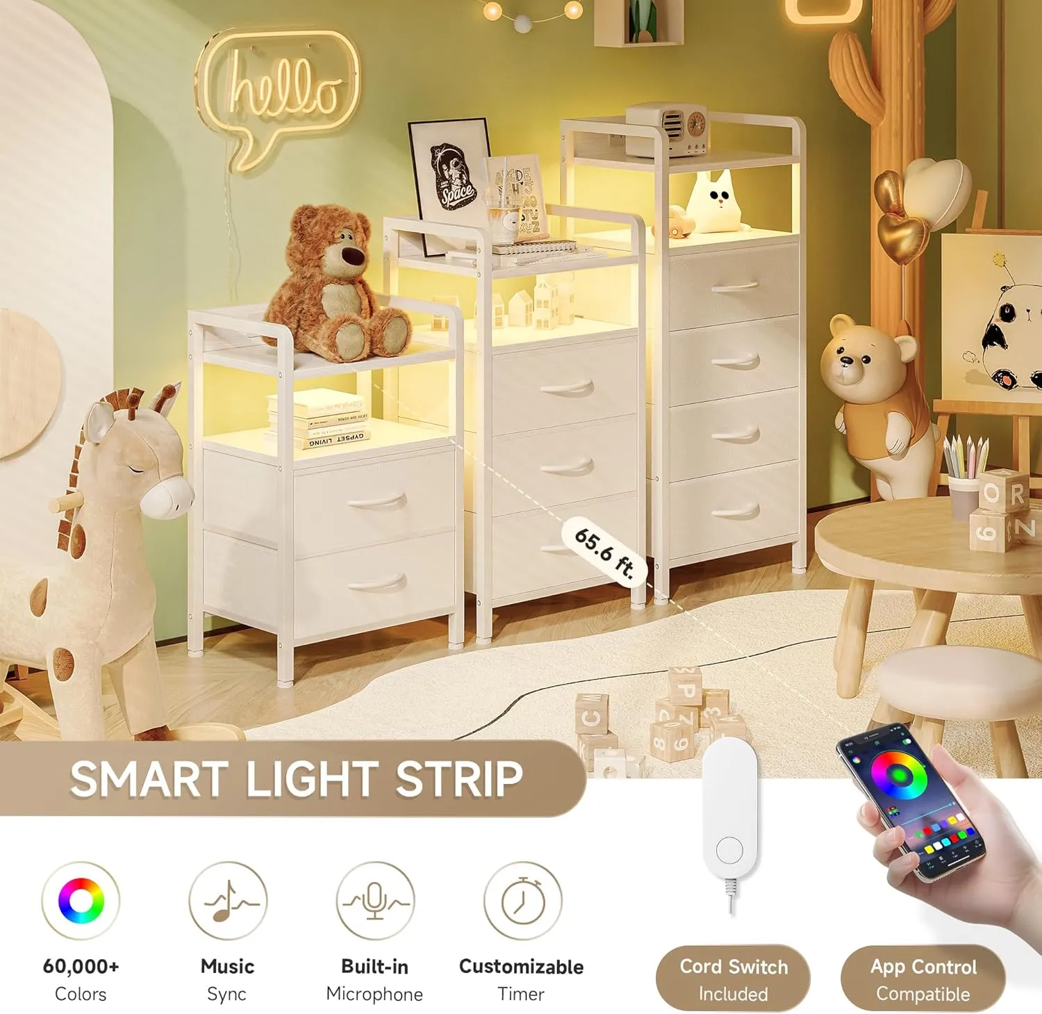Night Stand Bedside Table Bedroom - White Nightstand with Charging Station & LED Light Strip, Morden Bed Side End Table with Storage Shelf & 2 Fabric Drawers, U-S-B Ports & AC Outlets
