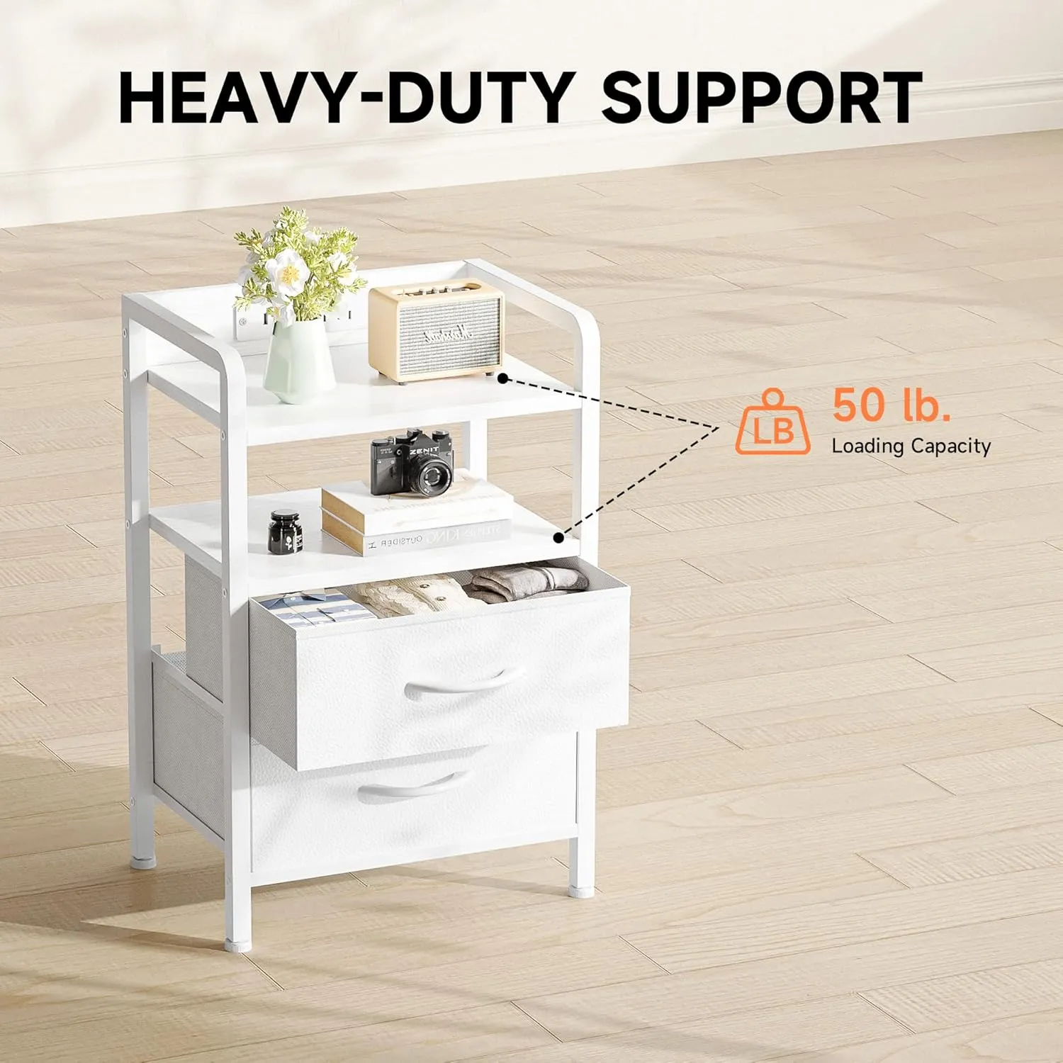 Night Stand Bedside Table Bedroom - White Nightstand with Charging Station & LED Light Strip, Morden Bed Side End Table with Storage Shelf & 2 Fabric Drawers, U-S-B Ports & AC Outlets