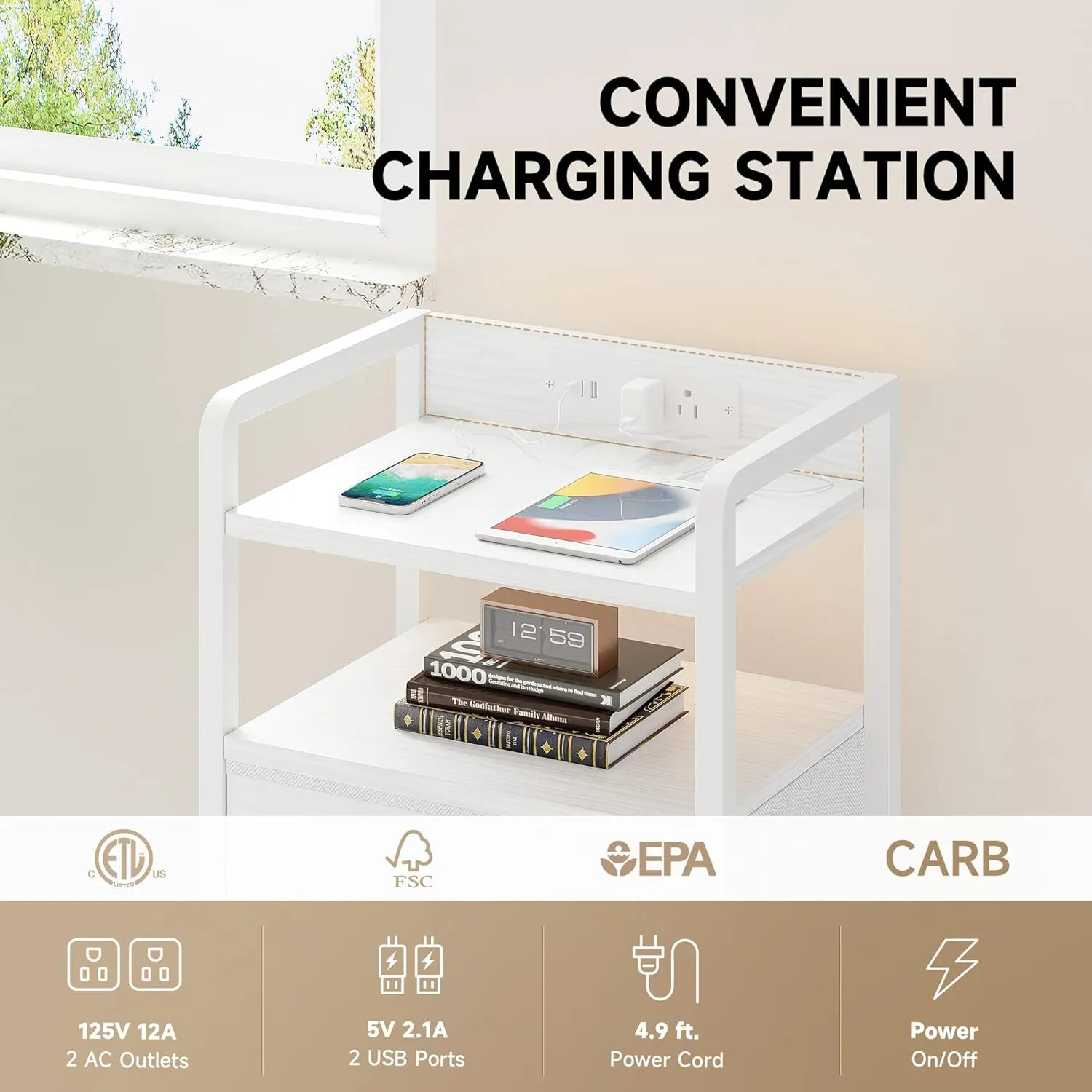 Night Stand Bedside Table Bedroom - White Nightstand with Charging Station & LED Light Strip, Morden Bed Side End Table with Storage Shelf & 2 Fabric Drawers, U-S-B Ports & AC Outlets