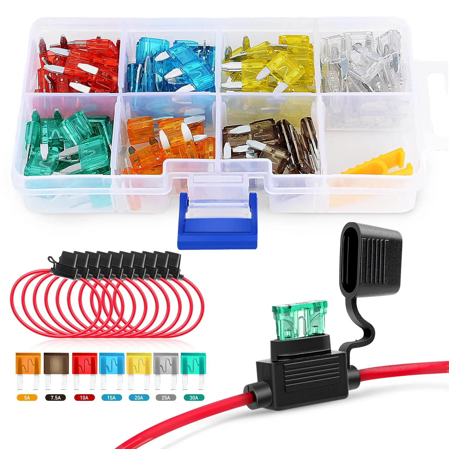 Nilight 120 PCS Mini ATM/APM Blade Fuse 5A/7.5A/10A/15A/20A/25A/30A AMP Assorted Set with 10 Pack 14AWG ATC/ATO Inline Fuse Holder