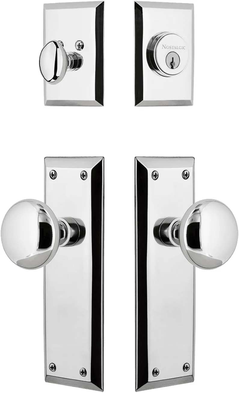 Nostalgic Warehouse New York Entry Set with New York Knob in Bright Chrome-2 3/8" Backset-Universal Handing