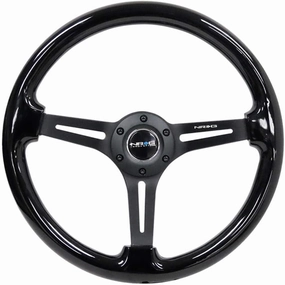 NRG Innovations NRG-RST-018BK-BK Reinforced Classic Wood Grain Steering Wheel, 75mm, 350mm, 3 Spoke Slotted Center Black With Black Painted Wood/Black Painted, Double Riveted Spokes   Horn