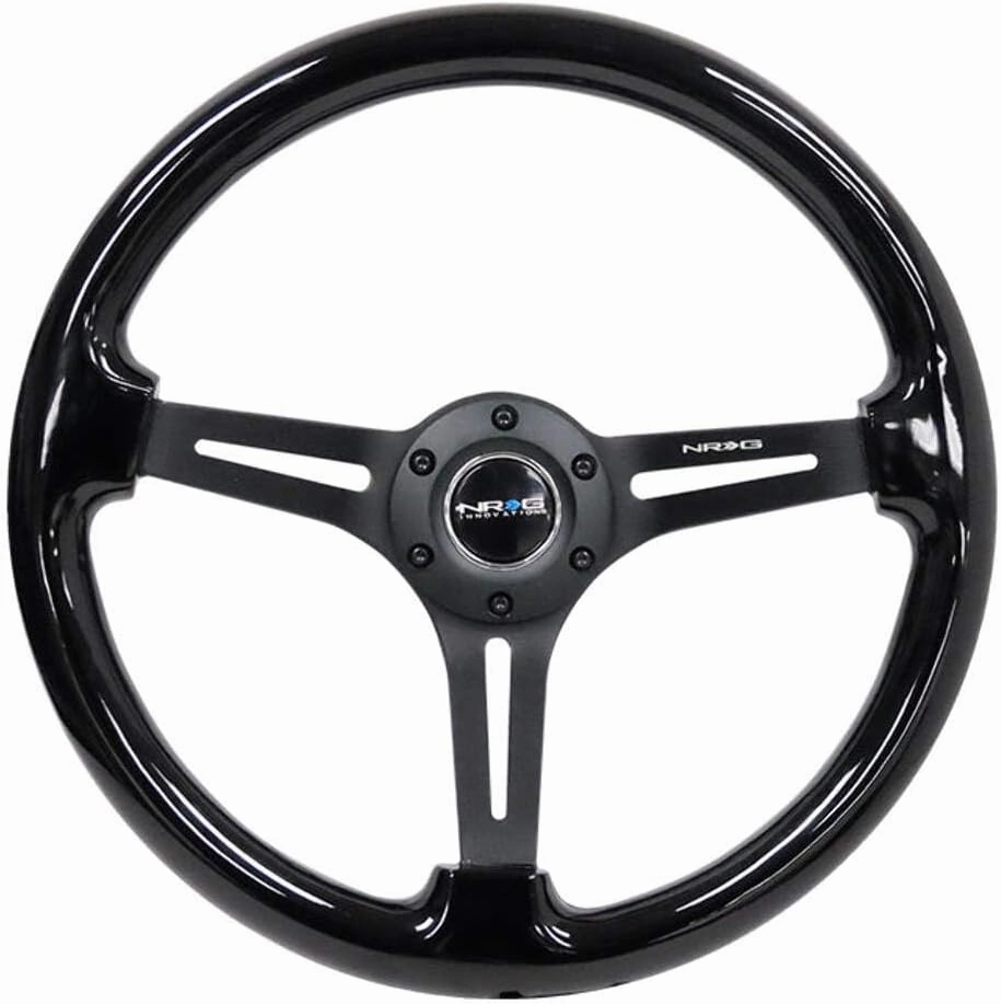 NRG Innovations NRG-RST-018BK-BK Reinforced Classic Wood Grain Steering Wheel, 75mm, 350mm, 3 Spoke Slotted Center Black With Black Painted Wood/Black Painted, Double Riveted Spokes   Horn