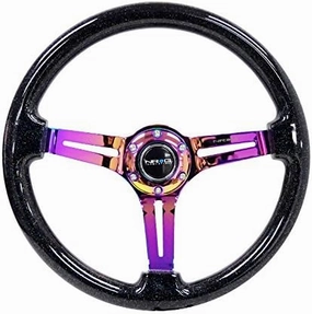 NRG Innovations NRG-RST-018BSB-MC Reinforced Classic Wood Grain Steering Wheel, 350mm, 75mm Deep, 3 Spoke Slotted Center Neochrome With Black Multi Color Flake Wood Double Riveted Spokes