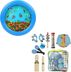 Ocean Drum Wave Bead Drum and Kids Musical Instruments Toys Set Preschool Educational Musical Toys Set for Kid Child Baby Boys and Girls