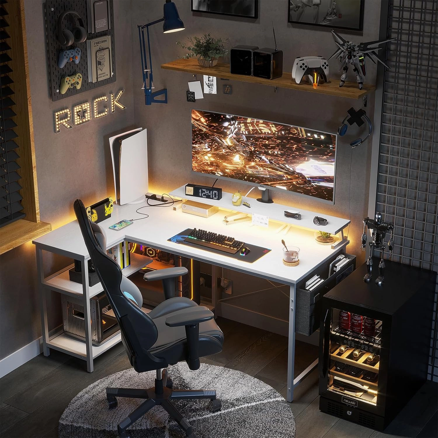 ODK 48 Inch Gaming Desk with USB Charging Ports and LED Lights, Reversible L Shaped Computer Desk with Storage Shelves & Monitor Stand, Corner Home Office Desk Table with Power Outlets, White
