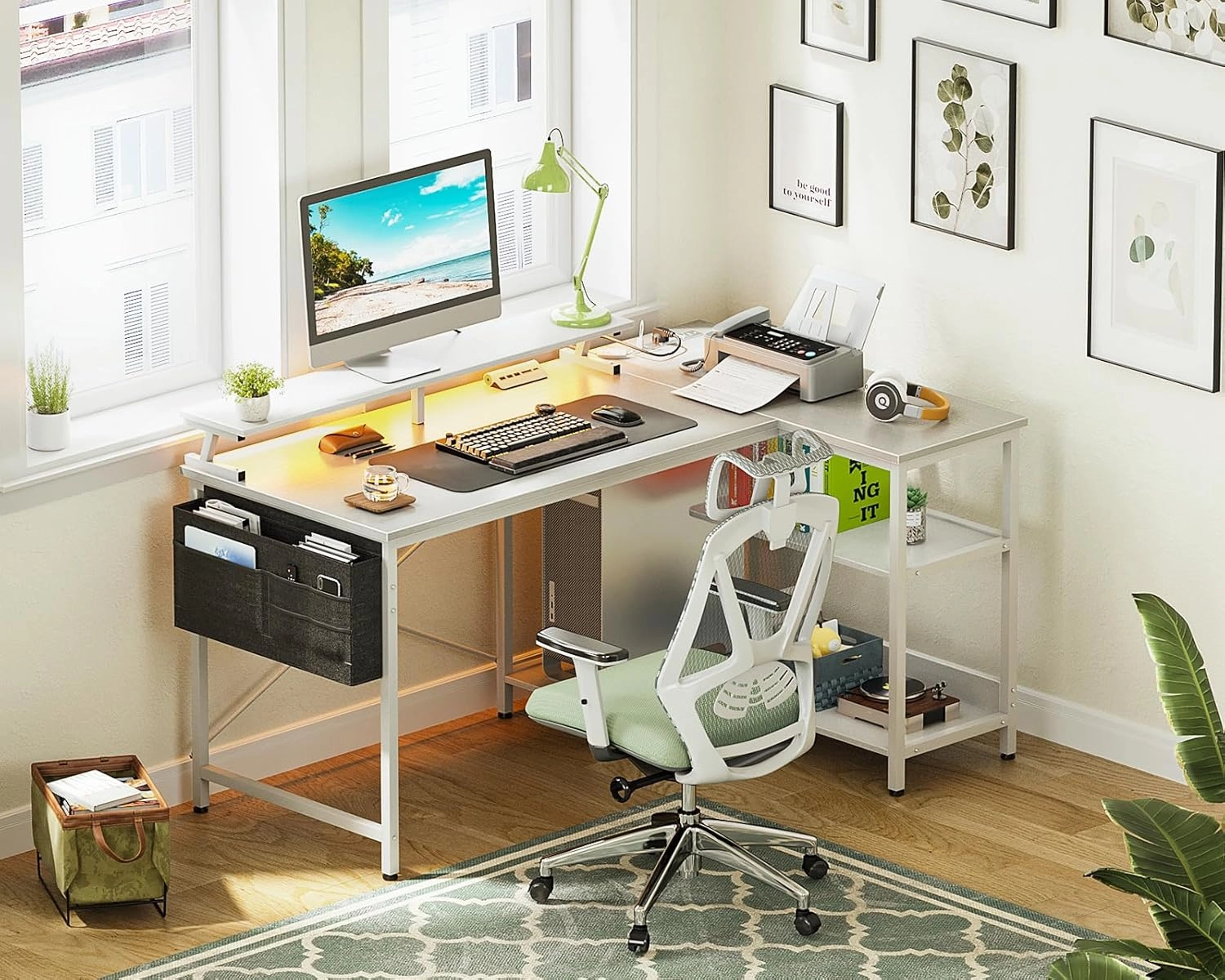 ODK 48 Inch Gaming Desk with USB Charging Ports and LED Lights, Reversible L Shaped Computer Desk with Storage Shelves & Monitor Stand, Corner Home Office Desk Table with Power Outlets, White