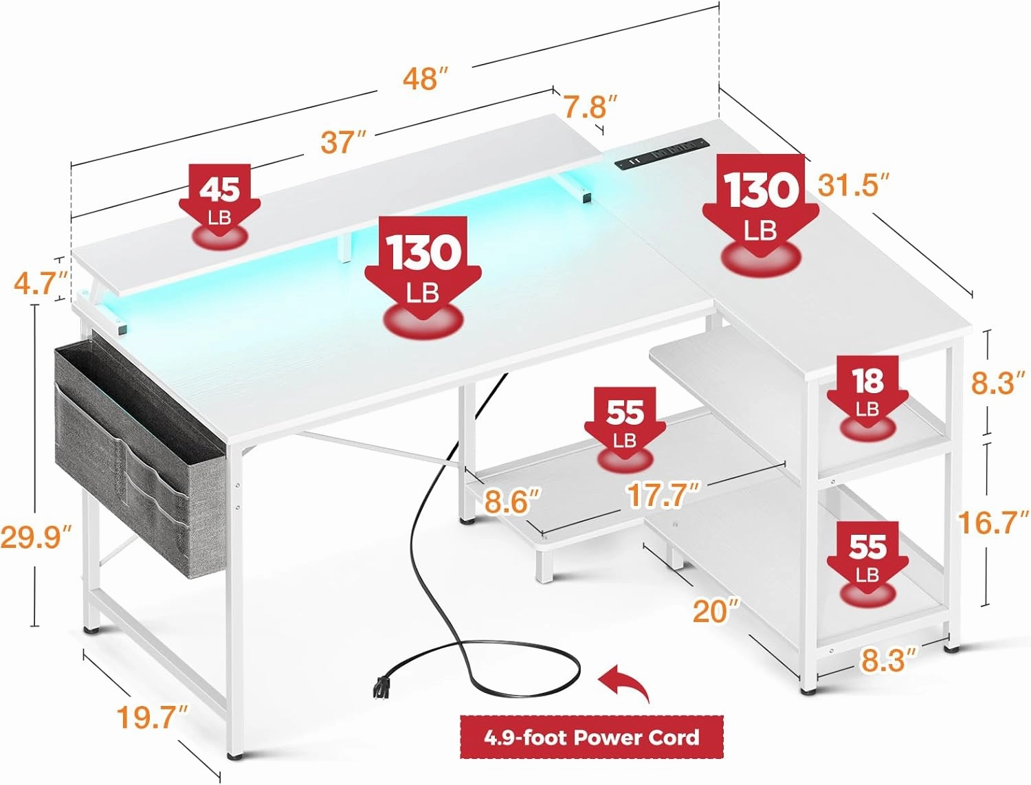 ODK 48 Inch Gaming Desk with USB Charging Ports and LED Lights, Reversible L Shaped Computer Desk with Storage Shelves & Monitor Stand, Corner Home Office Desk Table with Power Outlets, White
