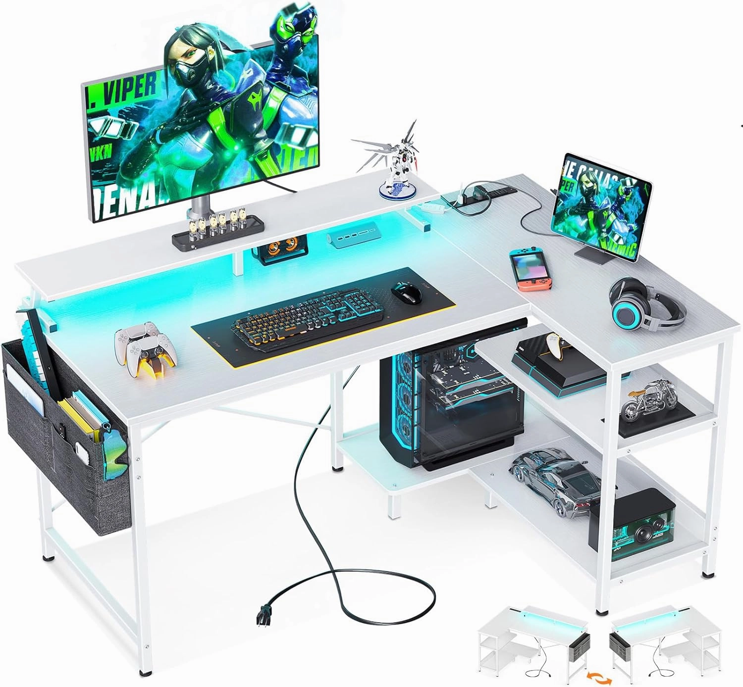 ODK 48 Inch Gaming Desk with USB Charging Ports and LED Lights, Reversible L Shaped Computer Desk with Storage Shelves & Monitor Stand, Corner Home Office Desk Table with Power Outlets, White