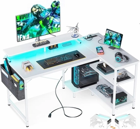 ODK 48 Inch Gaming Desk with USB Charging Ports and LED Lights, Reversible L Shaped Computer Desk with Storage Shelves & Monitor Stand, Corner Home Office Desk Table with Power Outlets, White