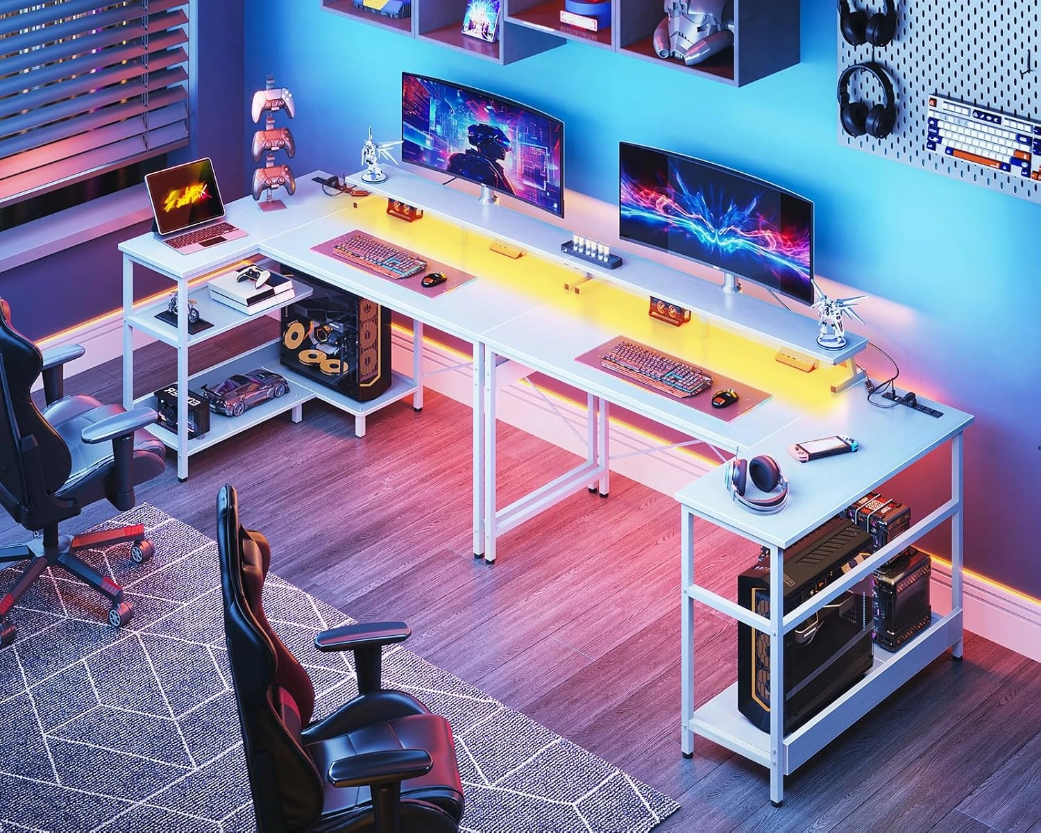 ODK 48 Inch Gaming Desk with USB Charging Ports and LED Lights, Reversible L Shaped Computer Desk with Storage Shelves & Monitor Stand, Corner Home Office Desk Table with Power Outlets, White