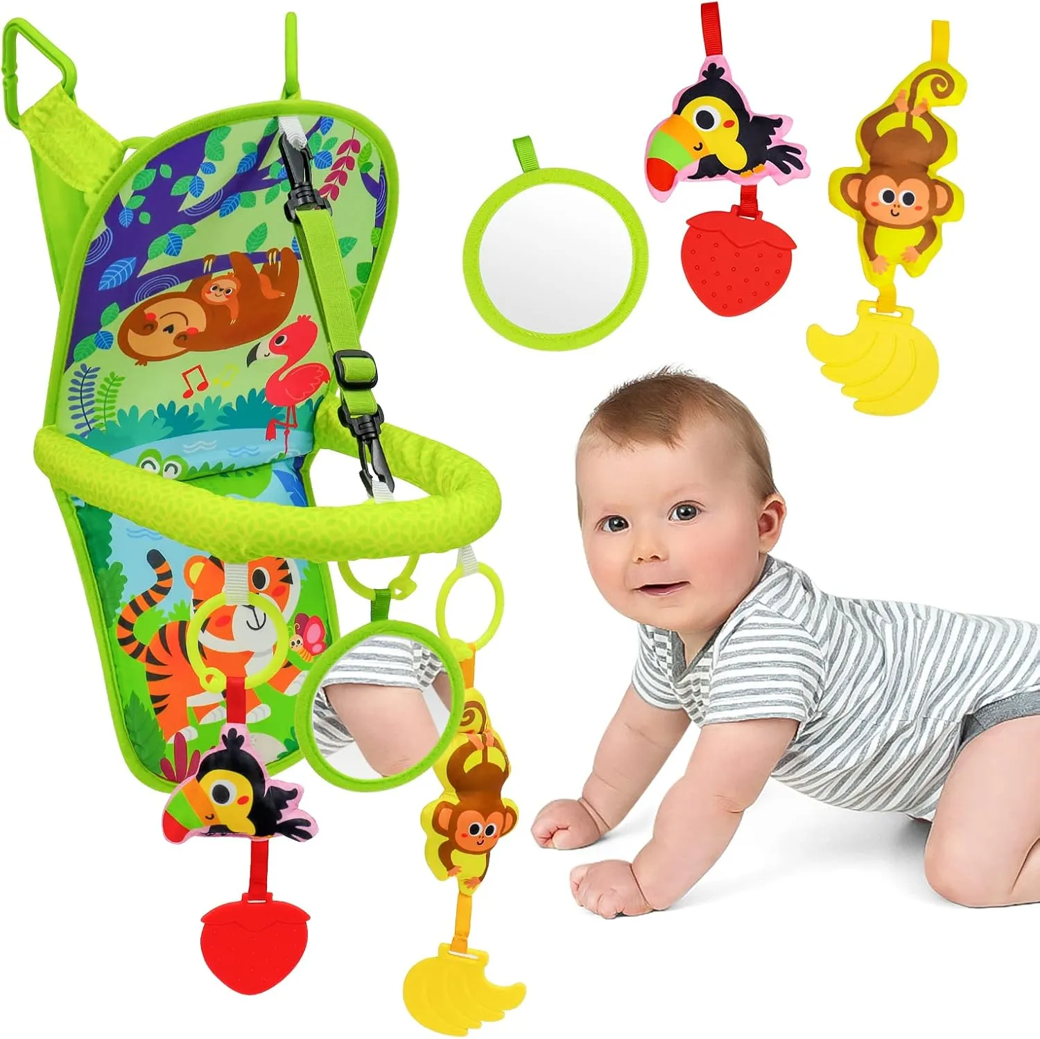 OKOOKO Car Seat Toy Rear Facing Car Seat Toy Baby Travel Toy Kick and Play with Baby Mirror Thickened Pad Adjustable Sensory Toy for Newborn Infant