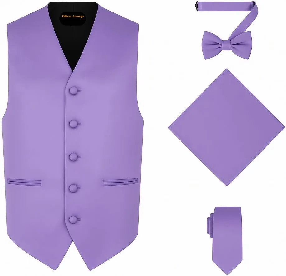 Oliver George 4pc Men's Solid Formal Waistcoat Tuxedo Dress Vest Necktie BowTie Handkerchief Set For Suit or Tuxedo