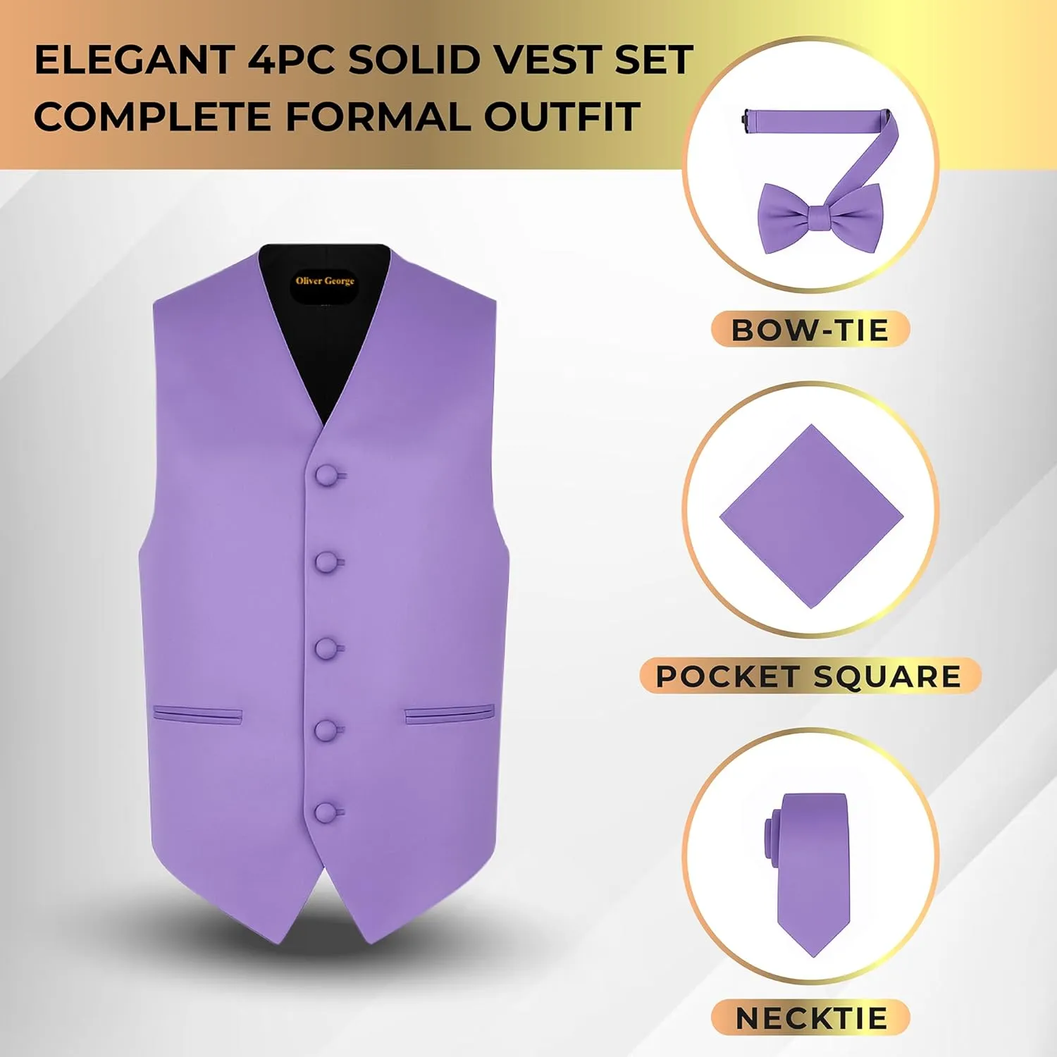 Oliver George 4pc Men's Solid Formal Waistcoat Tuxedo Dress Vest Necktie BowTie Handkerchief Set For Suit or Tuxedo