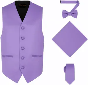Oliver George 4pc Men's Solid Formal Waistcoat Tuxedo Dress Vest Necktie BowTie Handkerchief Set For Suit or Tuxedo