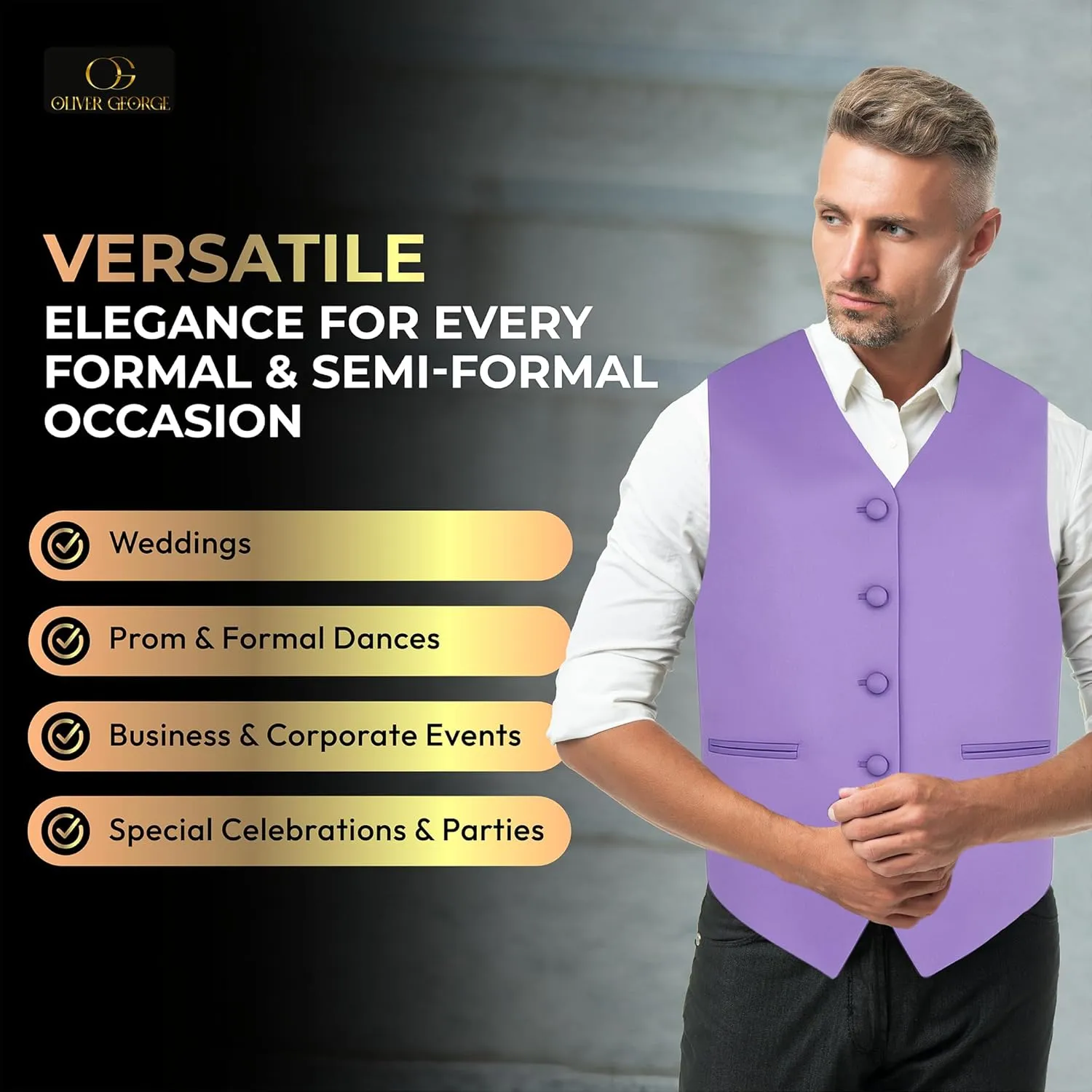 Oliver George 4pc Men's Solid Formal Waistcoat Tuxedo Dress Vest Necktie BowTie Handkerchief Set For Suit or Tuxedo