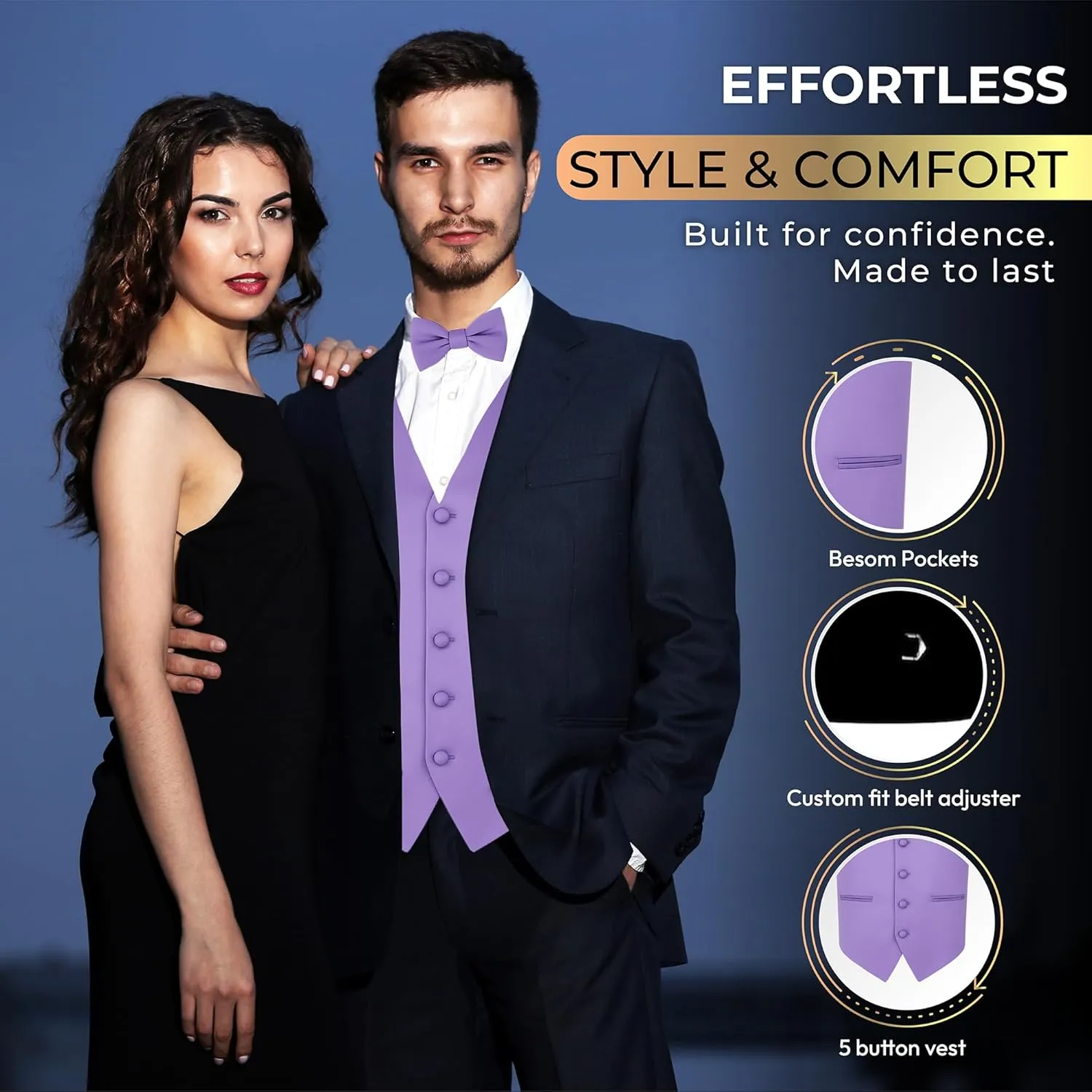 Oliver George 4pc Men's Solid Formal Waistcoat Tuxedo Dress Vest Necktie BowTie Handkerchief Set For Suit or Tuxedo